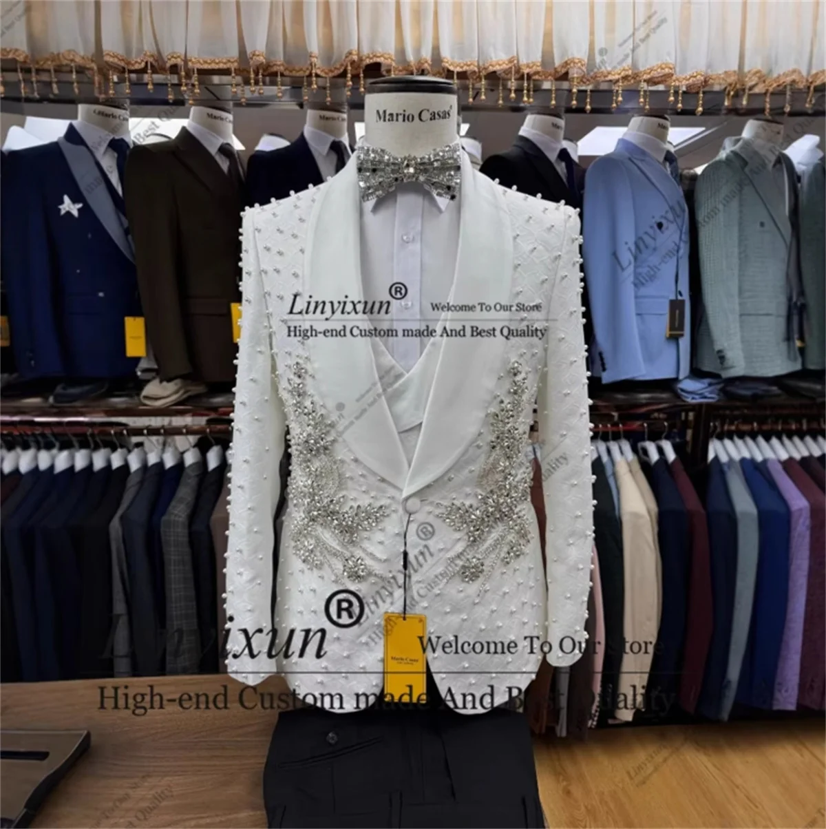 Sparkly Beaded Men Suits 3 Pieces Luxury Jewelry Bridegroom Groom Tuxedos Male Bespoke Prom Blazer Slim Fit trajes para hombre 2