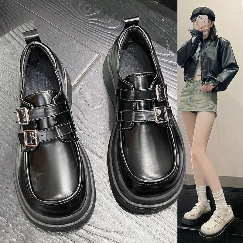 

New Women's Black Leather Shoes British Style Ladies Casual Low Heel Loafers Stylish Metal Design Party and Work Wear Shoes