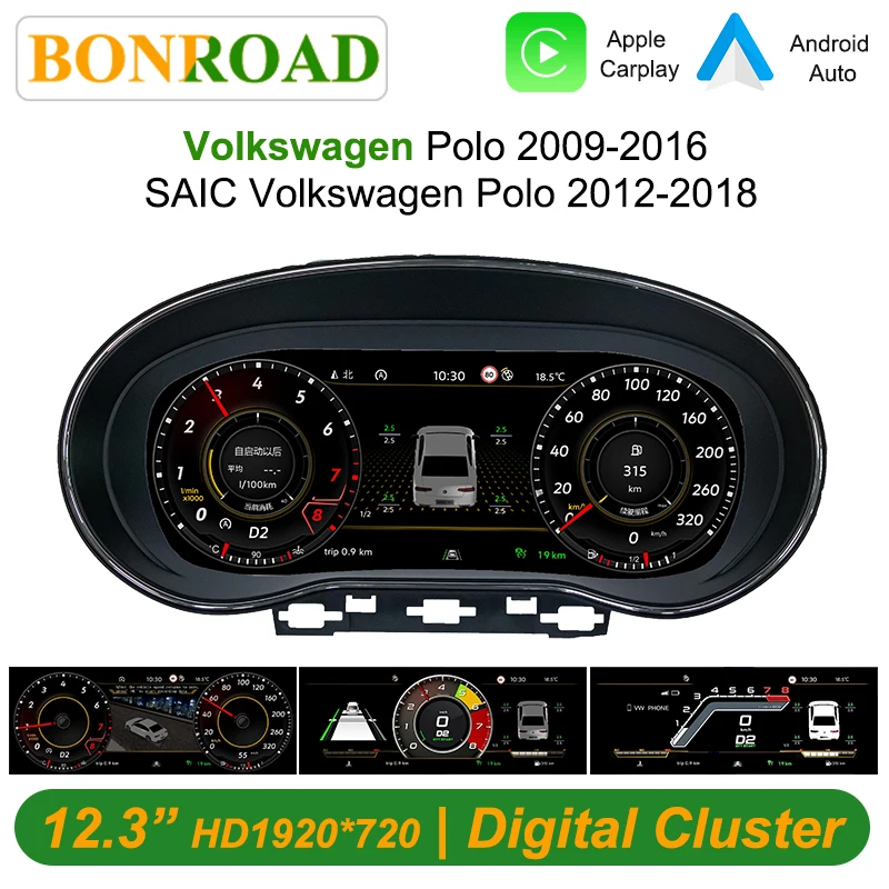 Panel de Instrumentos Digital LCD Bonroad de 12.3 Pulgadas para Volkswagen Polo 6R 2009-2016, Cabina Virtual, Velocímetro 1