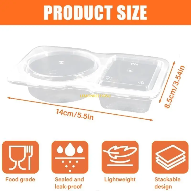 62CE Transparent Double Compartment Dressings Cup Safe Plastic Snacks Container Clear Sauce Holders for Home and School