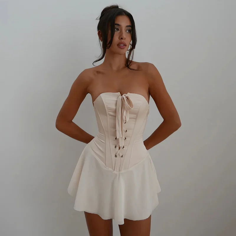 

2023 Summer Clothes Elegant Strapless Lace Up Corset Mini Dress Party Night Club for Women Sexy Backless Chiffon Short Dresses