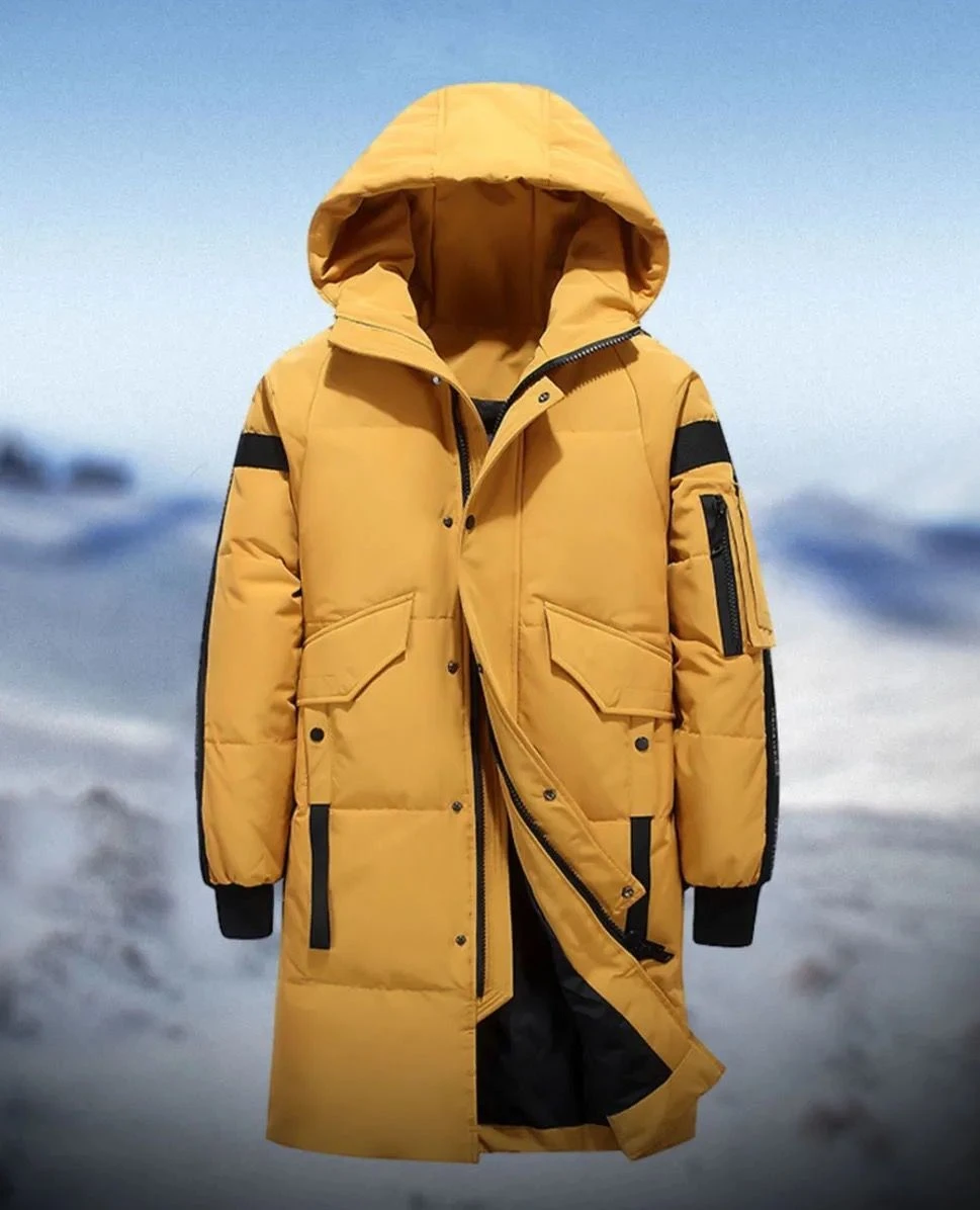 2023 New Winter Men Mid-Length Hooded down Coat with Fashionable Design White Duck down for Cold Weather Thick Parkas