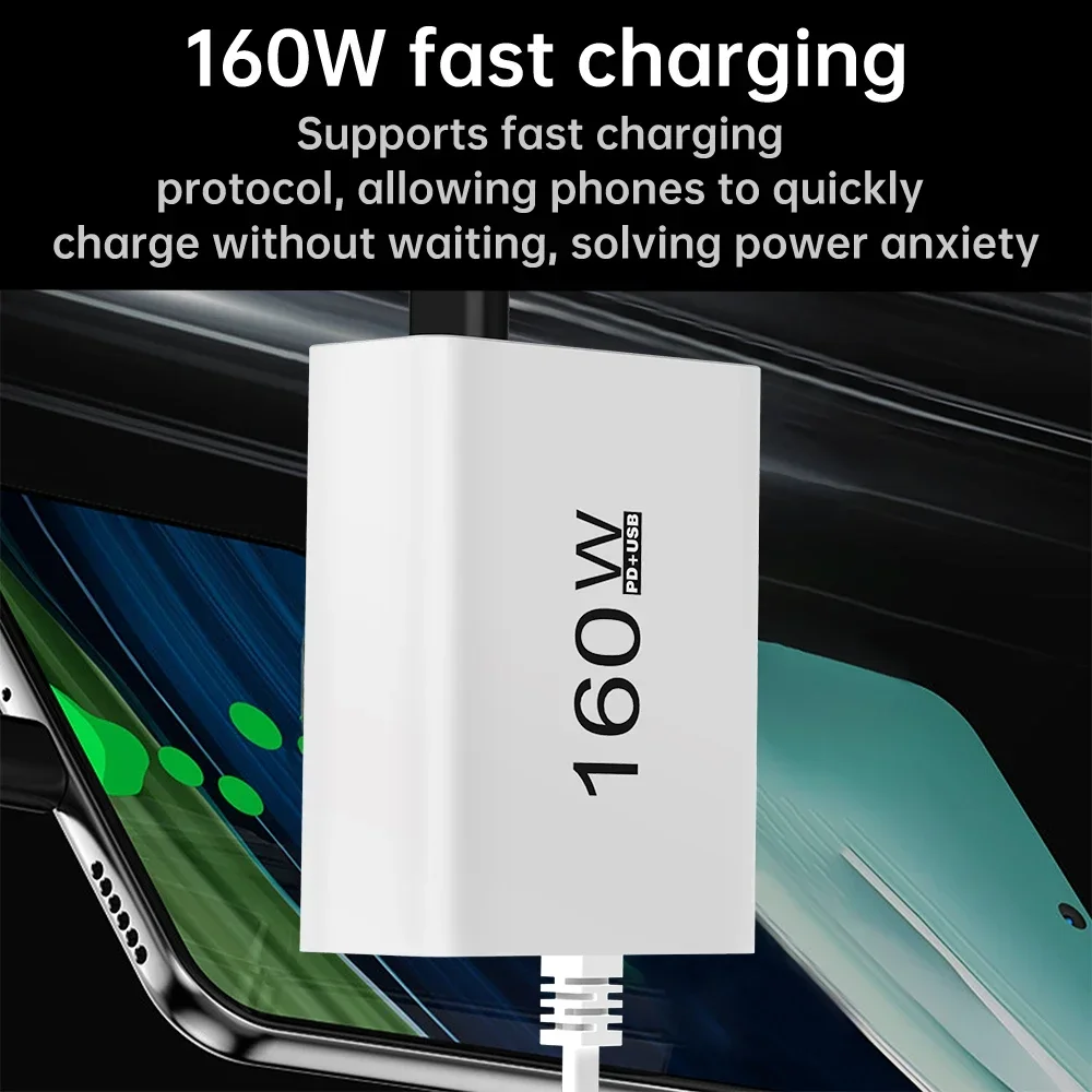 160W Multi-Port USB C Fast Charger Phone Adapter EU US Plug For iPhone Samsung Xiaomi Huawei QC3.0 Wall Travel 7-Port Charger