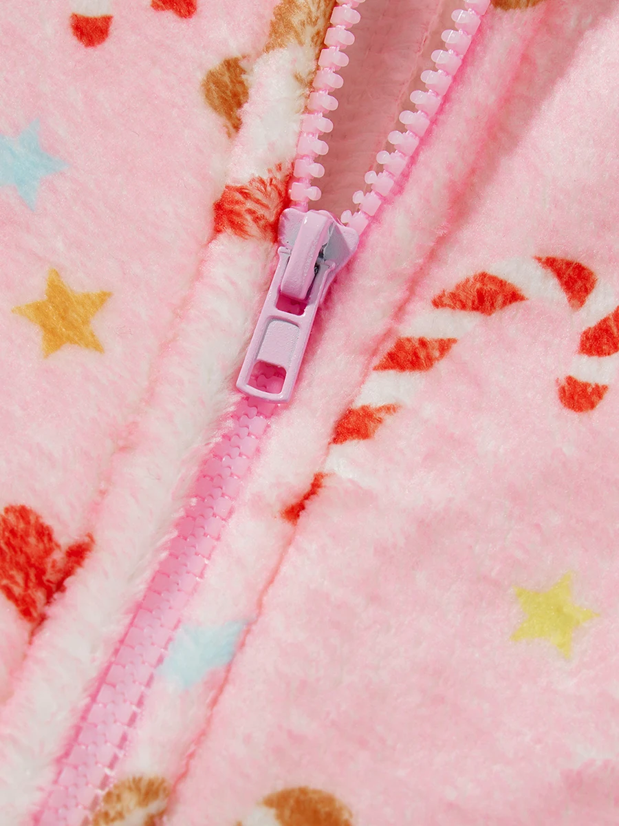 Women Graphic Prints Nightwear Winter Warm Plush Inner Zipper Closure Long Sleeve Hooded Jumpsuit Romper for Fall Loungewear Pjs