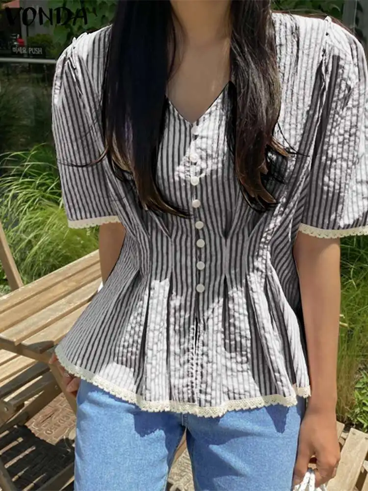 

Fashion Blouse Women Elegant Stripe Shirts VONDA 2024 Summer Sexy V-neck Casual Loose Tunic Top Pleated Printed Blusas Femininas