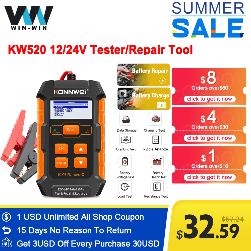 KONNWEI KW520 KW510 12V 24V 10A 5A Full Automatic Full Car Battery