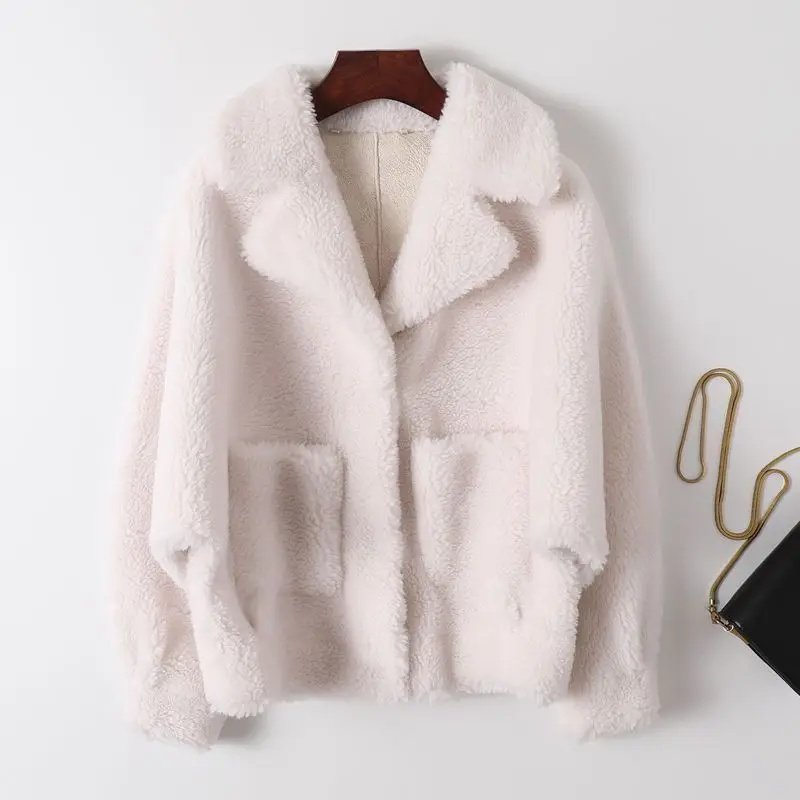 

2023 New Female Winter Square Collar Thickening Warm Loose Women Real Wool Coat Loose-fitting Solid Color Fur Coats T169