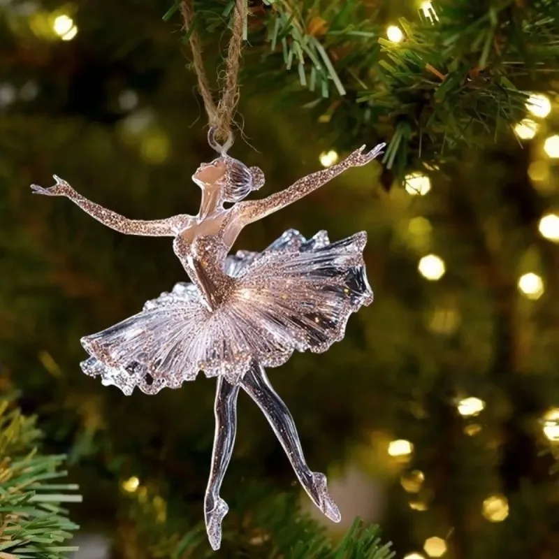 Crystal Clear Acrylic Ballerina Ornaments-Transparent Ballet Dancer Christmas Tree Pendants with Glitter Accents,Elegant Hanging