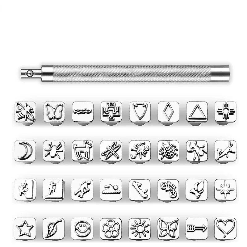 Leather Stamping Tool Set 33pcs 32pcs Leather Stamps Patterns with Stamping Handle for Craft
