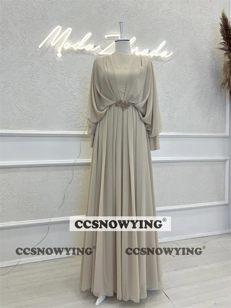 

Simple Appliques Beaded Muslim Evening Dresses Long Sleeve Islamic Formal Party Gowns Round Neck Women Arabic Robes De Soirée