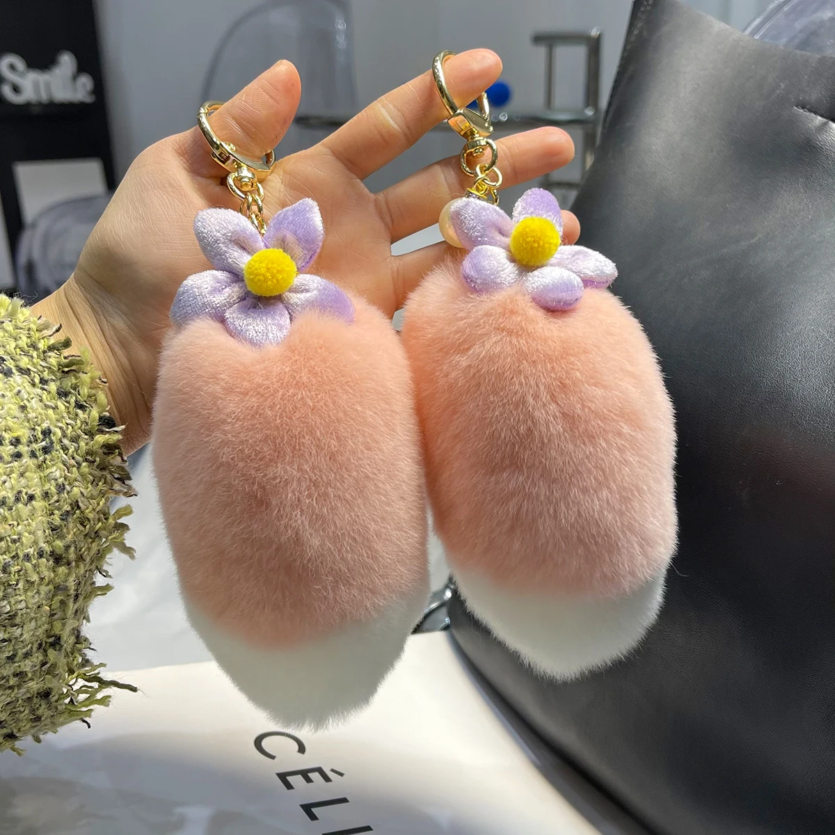 Real Rabbit Fur Ball Keychain Party Multi Color Soft Pom Poms Bag