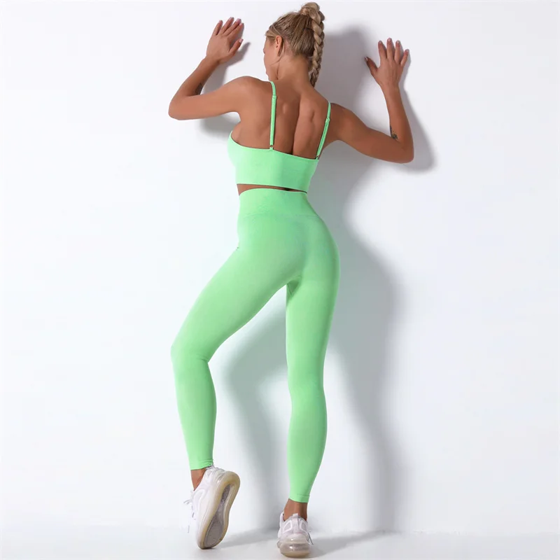 

Solid Color Seamless Two Piece Set Women Yoga Suit Outdoor Training Hip Lift Leggings Gym Run Squat Sling Sports Bra Trousers