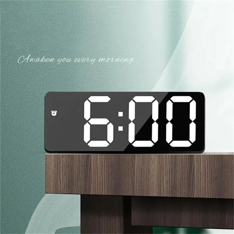 Description Picture 2 of itemLED Mirror Digital Alarm Clock Voice Control Table Clock Snooze Function 3 Brightness Adjustable 12/24H Electronic LED Clocks