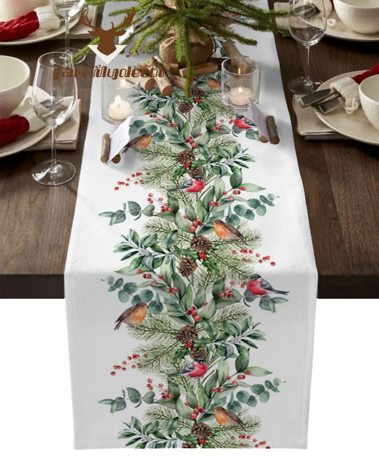 

Eucalyptus Berries Robin Table Runner Home Wedding Table Flag Mat Table Centerpieces Decoration Party Dining Long Tablecloth