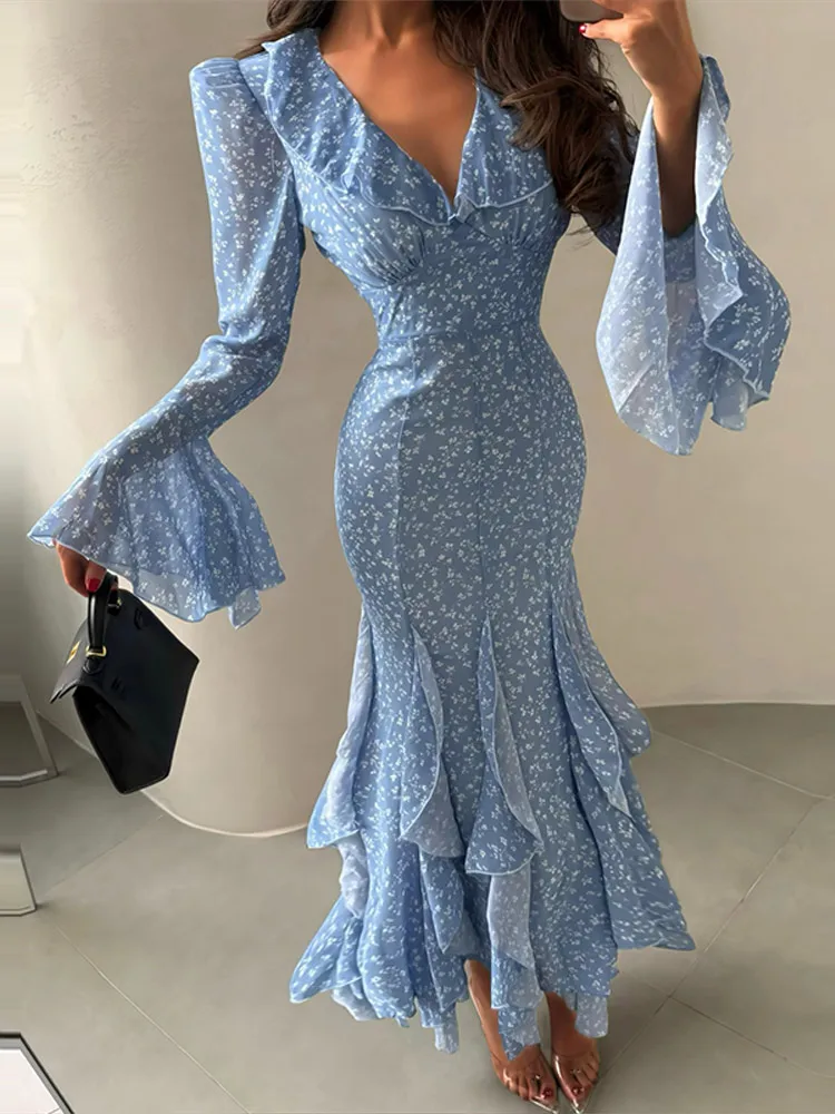 Women Printed V-neck Long Dress Flared Sleeve Lotus Leaf Edge High Waist Slim Fit Maxi Dresses Lady Elegant Evening Party Dress 3