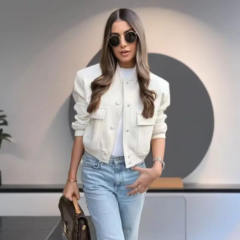Jacket for Women Vintage Solid Long Sleeve Button Coat with Pocket Autumn Casual Female Bomber Jacket Chic Outerwear