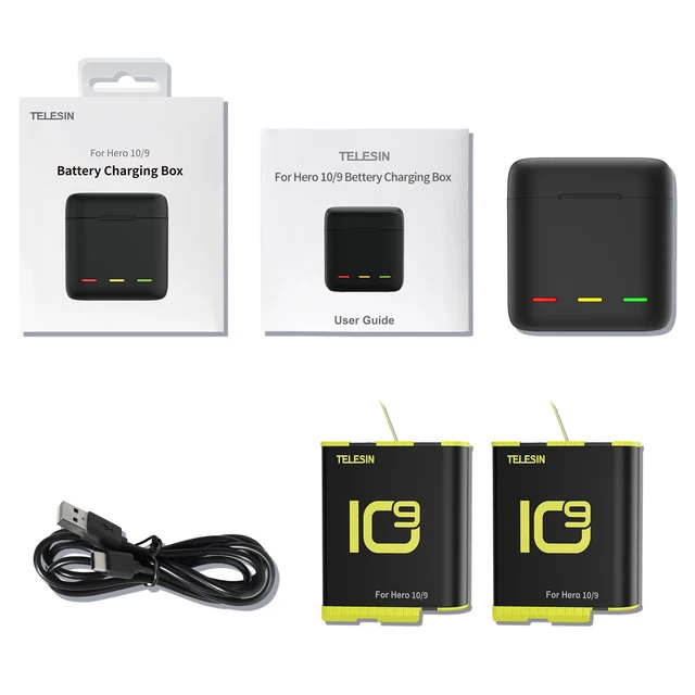 GoPro 10 9 Battery Charger 3 Way Smart Charging Case Rechargeable 1750mAh Battery Storage Box For Go pro Hero 9 10 Accessories 1Box 2Battery 2.0