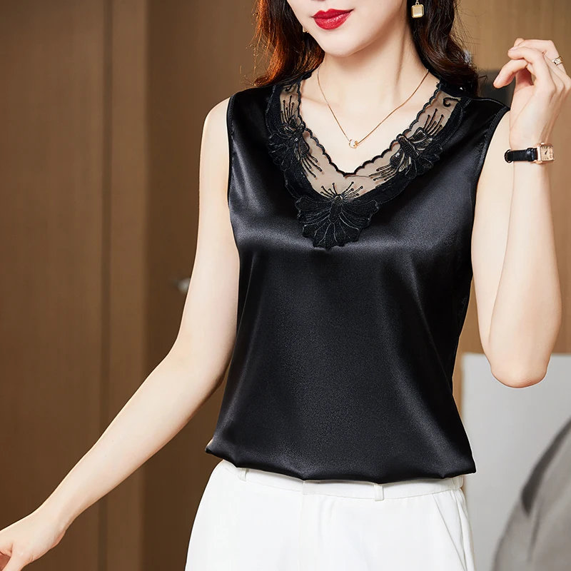 

Summer Embroidery Satin Silk Lace Tank Tops Women's Camis Suspenders Elegant Ladies Fashion Solid Black White Tops Clothes