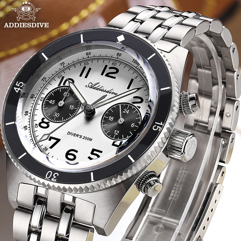 ADDIESDIVE New Panda Chronograph Sapphire Luxury Men's Watch Waterproof 200m Stainless Steel Sport Quartz Watch