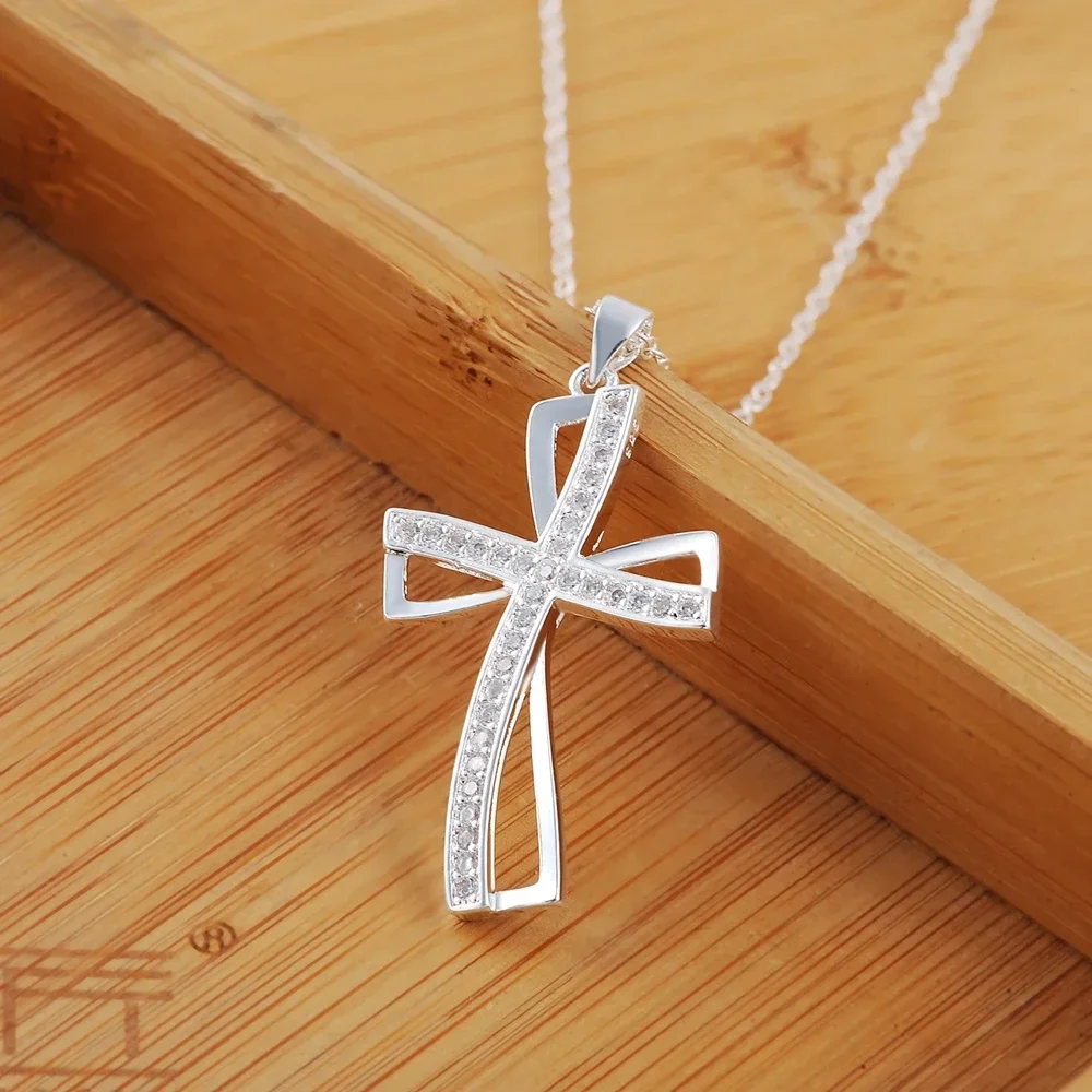 45cm 925 sterling silver necklace charm for women cyrstal Cross pendant chain jewelry fashion cute wedding party pendant necklace,silver necklace,silver necklace charms