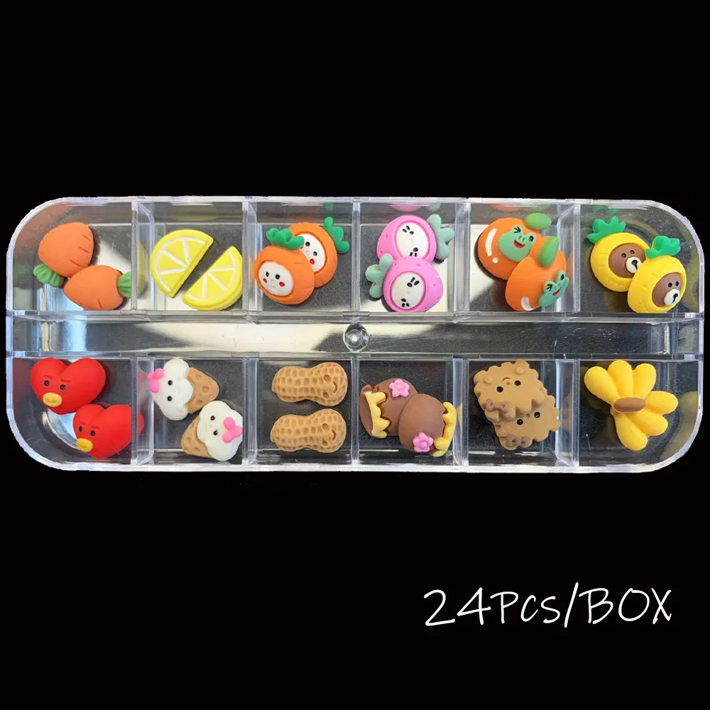 

24PCS Cartoon Fruit Nails Decorations Cookies Cloud Ice Cream Kawaii Cute Nail Art Charms Parts 3D Acrylic Manicure Supplies G4