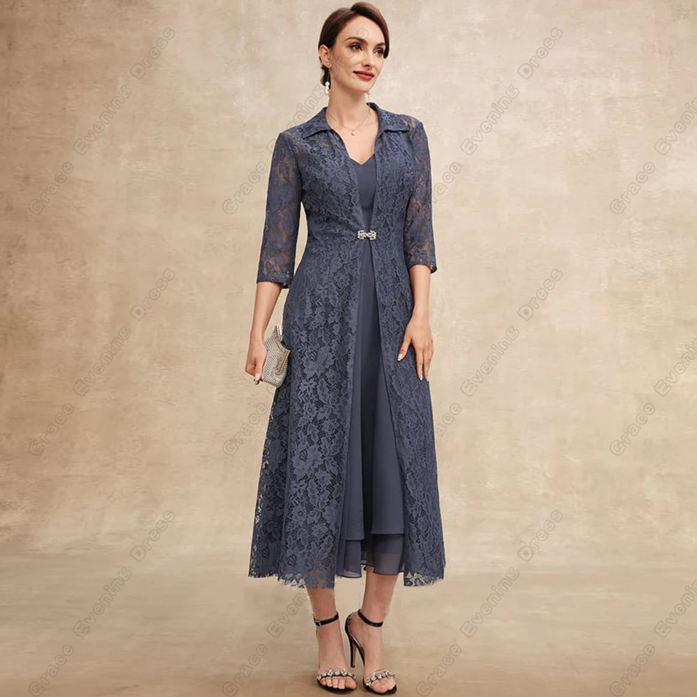 

Modern Three Quarter Mother of Bride Dresses for Women Tea Length Wedding Party Dresses with Lace 2024 Summer Robe De Soirée