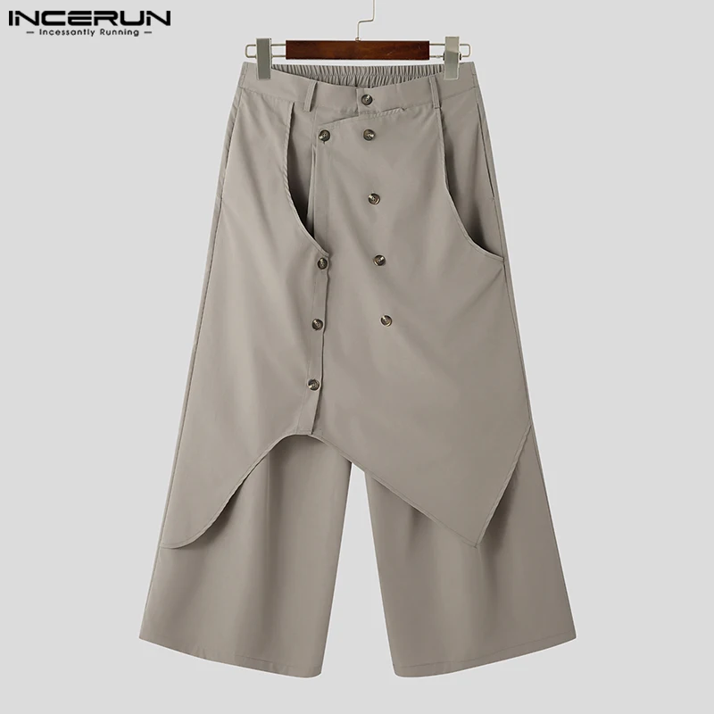 Men Wide Leg Pants Irregular Button Joggers Streetwear Solid Color Vintage Loose Casual S-5XL