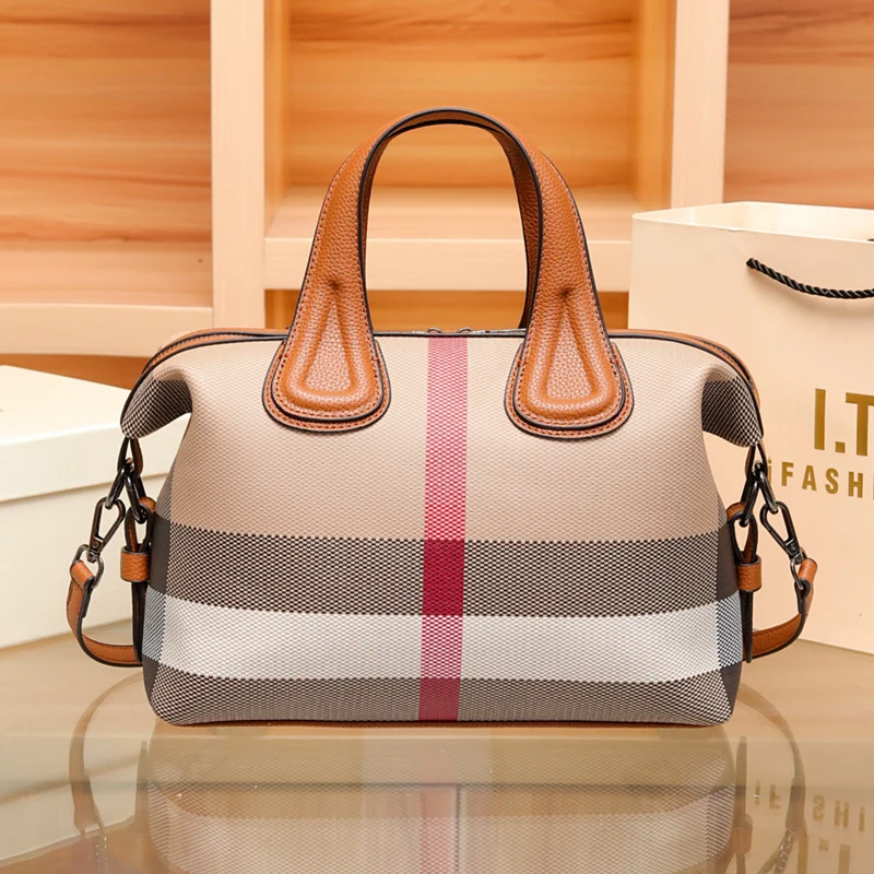 Women Handbags Crossbody Boston Handbags Plaid Canvas Messenger Shoulder Bags Purses