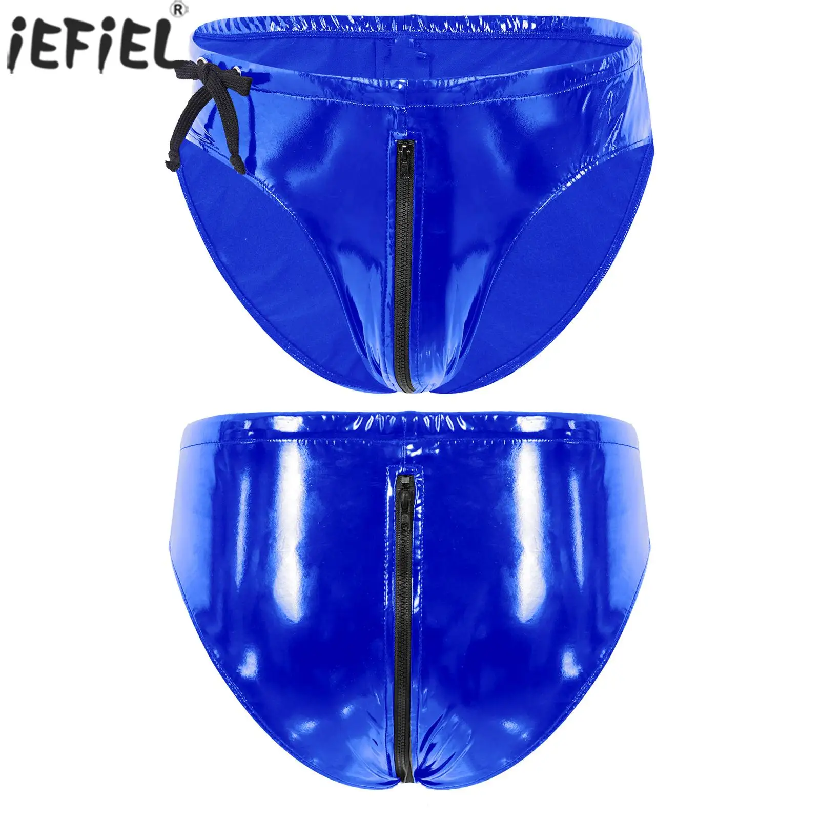 

Mens Black Drawstring Low Waist Zipper Briefs Wet Look Patent Leather Club Stage Show Costume Erotic Underpants Underwear Briefs