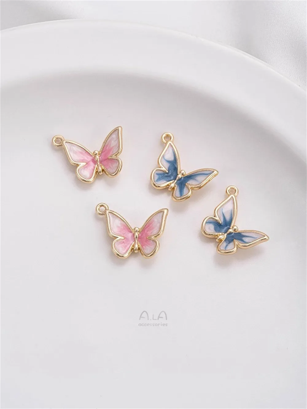 14K Gold Enamel Dropped Oil Blue White Pink Butterfly Pendant Handmade DIY Bracelet Jewelry Pendant Earring Charms Pendant