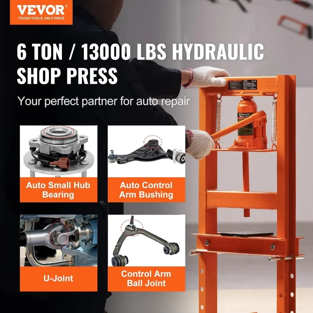 Hydraulic 6 Ton H-Frame Garage Floor Adjustable Shop Press with Plates, 6T, Orange 2