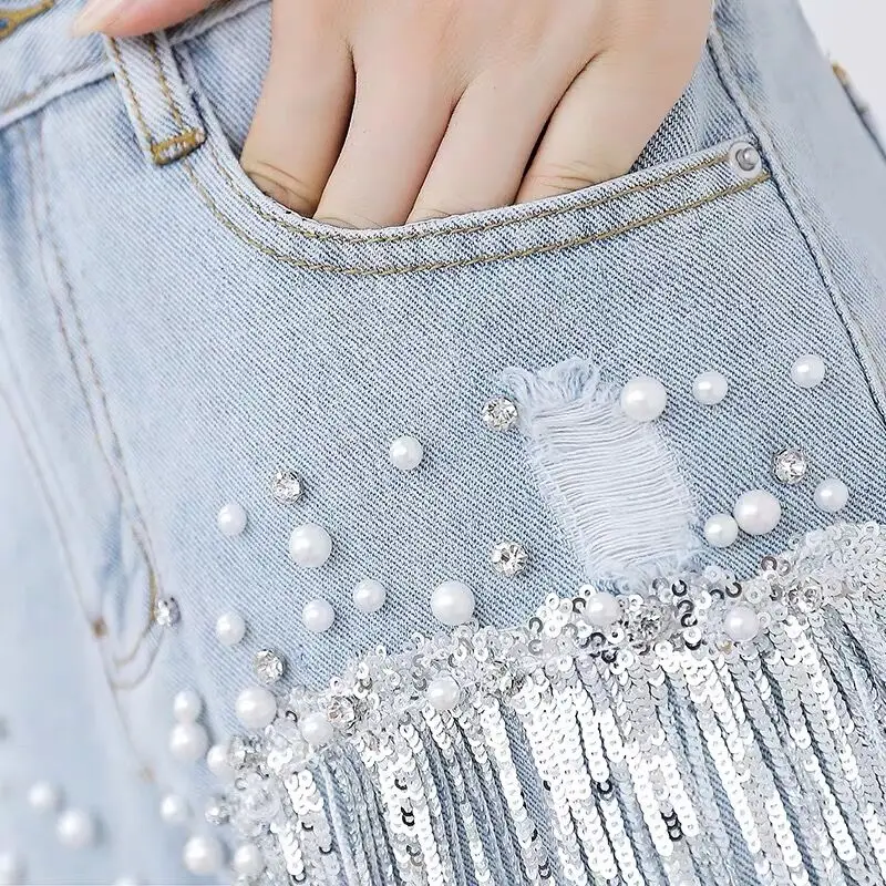 Y2K Chic Tassel Denim Shorts Ripped Distressed Jeans Women Summer Fashion Streetwear Night Club Bar Dance Party Korea Shorts