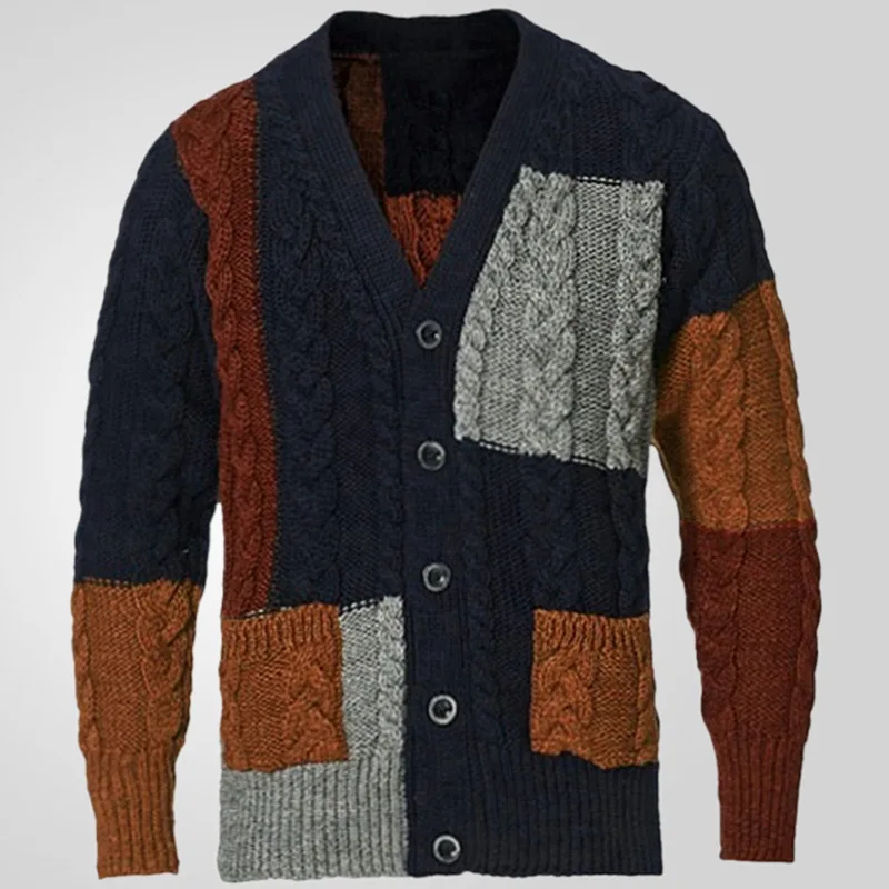 Autumn Winter Men's Thickened Sweater V-neck Long Sleeve Casual Cardigan Contrasting Jacquard Patchwork Knitted Sweater Coat