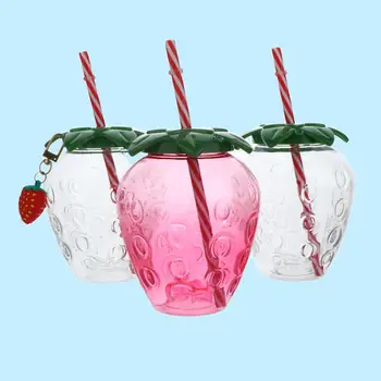 ㈅Strawberry Shaped Plastic Cup With Straw Cute Water Bottle Portable Drinking Cup Beverage Cups For Summer Party Home Use 1