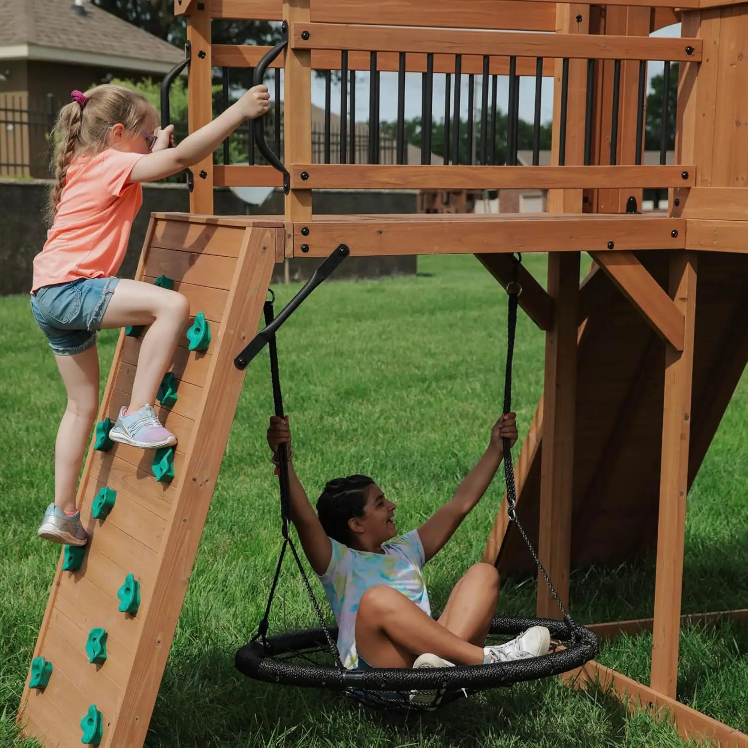 Sterling Point Cedar Wood Swing Set with Wave Slide, Raised Clubhouse, Wooden Bridge, Rock Wall, Belt Swings, Web Swing, Trapeze