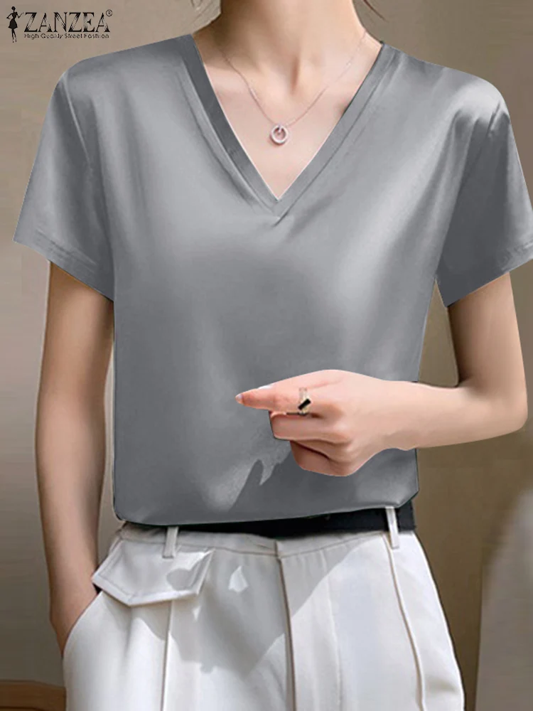 

ZANZEA Women Fashion Solid Blouse Summer Short Sleeve V-Neck Satin Tops Casual Party Chemise Elegant OL Office Blusas Oversized