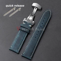 Premium Genuine Calfskin Leather Watchband with Butterfly Buckle - Brown Strap for 22mm (Blue)