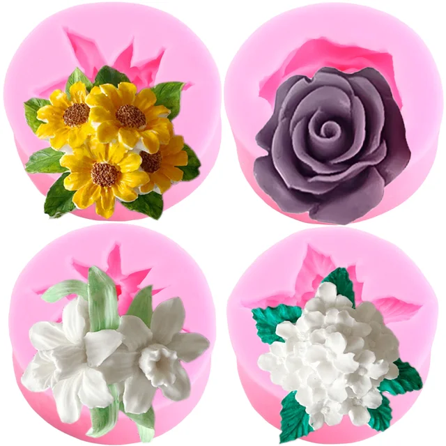 3D Rózsa Virág Penész Gipsz Munka Agyag Gyanta Szilikon Fondant Napraforgó Lila Cukorkás Csokoládé Torta Dekoráció