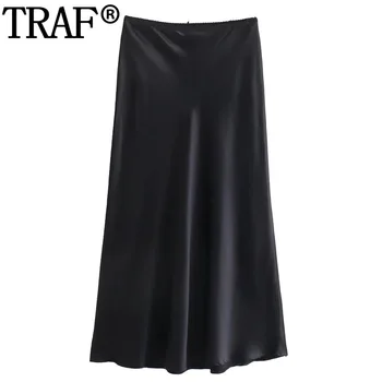 TRAF Bowknot Black Satin Skirt Woman High Waist Long Skirts For Women Autumn Winter Flared Skirt Chic And Elegant Woman Skirt
