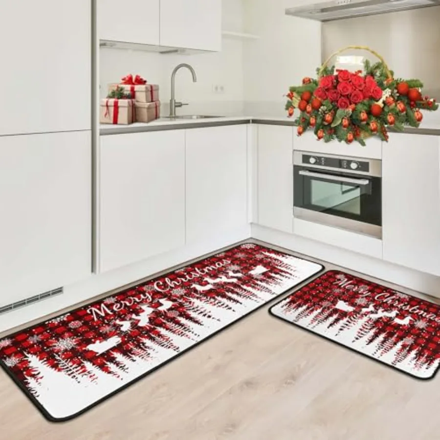 Buffalo Plaid Christmas Tree Kitchen Rug Set 4