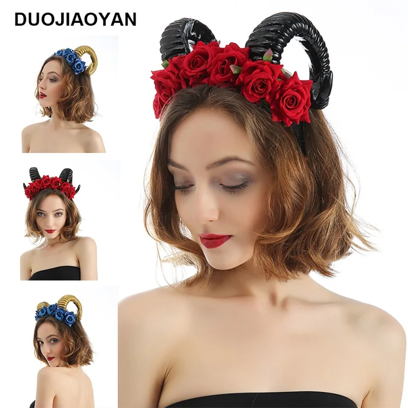 Europe And America Cross Border New Velvet Rose Black Horn Wide Headband Animal Headband Halloween Headdress Factory Direct Sale t type velvet bracelet chain watch jewelry display stand headband headdress organizer storage holders jewelry store display