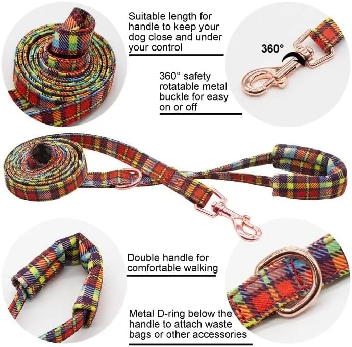 Plaid Dog Collar & Leash Set with Bow Tie – Adjustable Cute Puppy Collar with Durable Metal Buckle