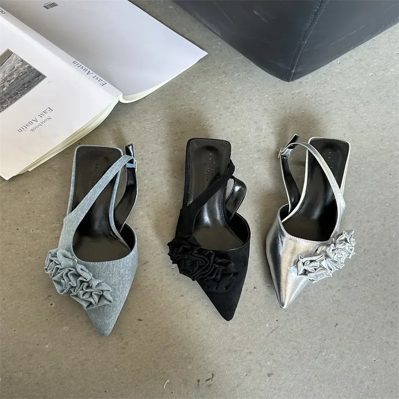 

2024 Spring Rose Flower Sandals Pointed Toe Women Fashion Buckle Thin High Heel Mules Slingback Dress Pumps Denim Sandalias Muje
