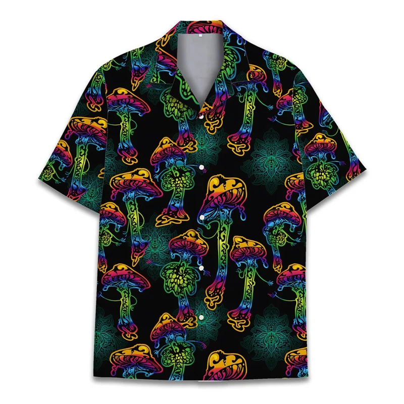 Camisa hawaiana con estampado 3D de hongos coloridos para hombre, camisas de vacaciones de verano con solapa abotonada, camisa de manga corta para playa urbana, ropa Aloha