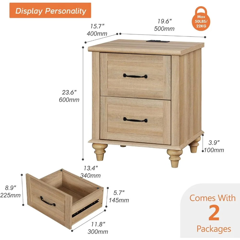 Nightstands with Charging Station Set of 2, Night Stand with 2 Drawers,Wooden Rustic Bedside Table End Tables with Solid Wood 2