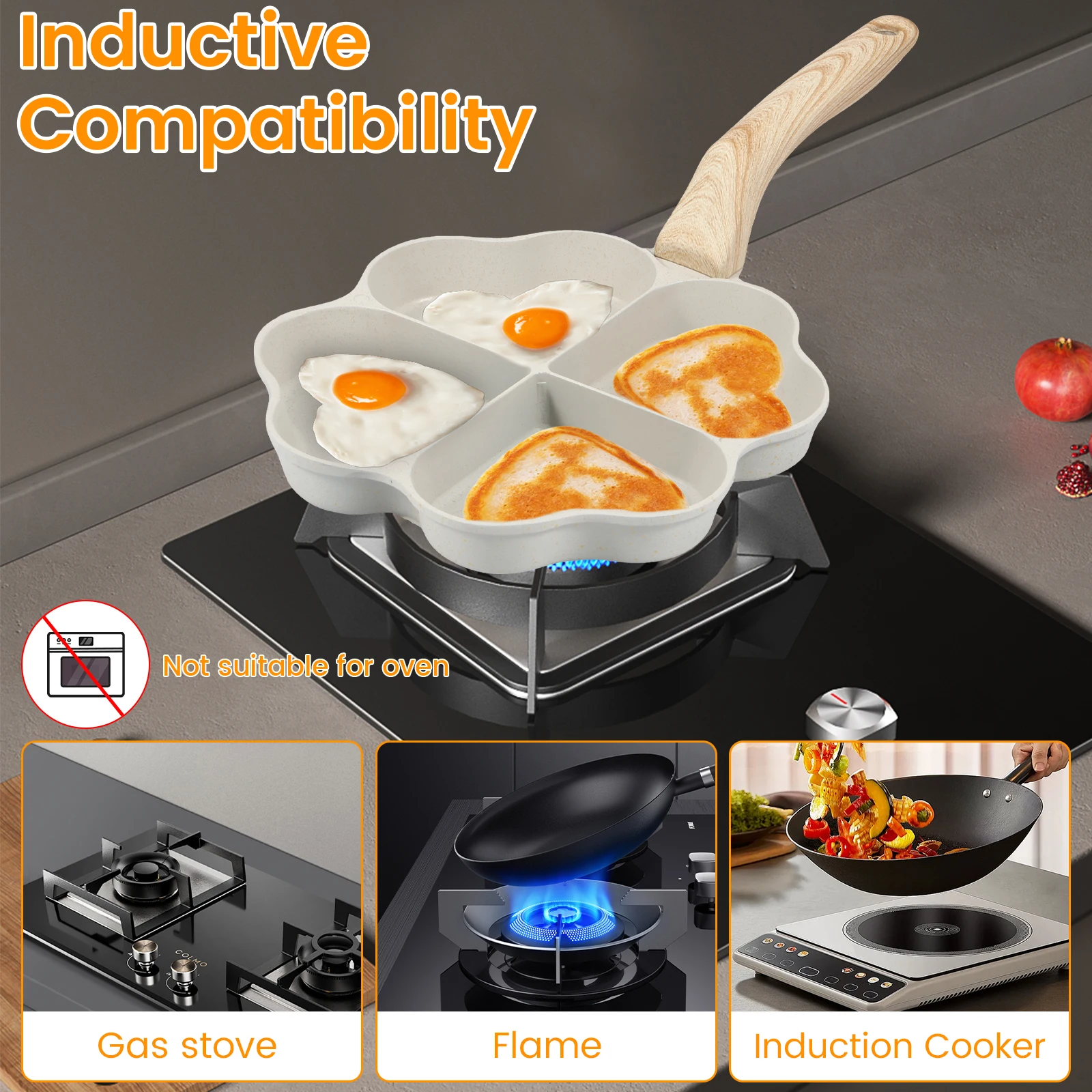 Egg Frying Pan 4-Cup Heart Omelette Pan Non-Stick Egg Skillet with Wooden Handle Aluminum Alloy Egg Cooker Pan Effortless