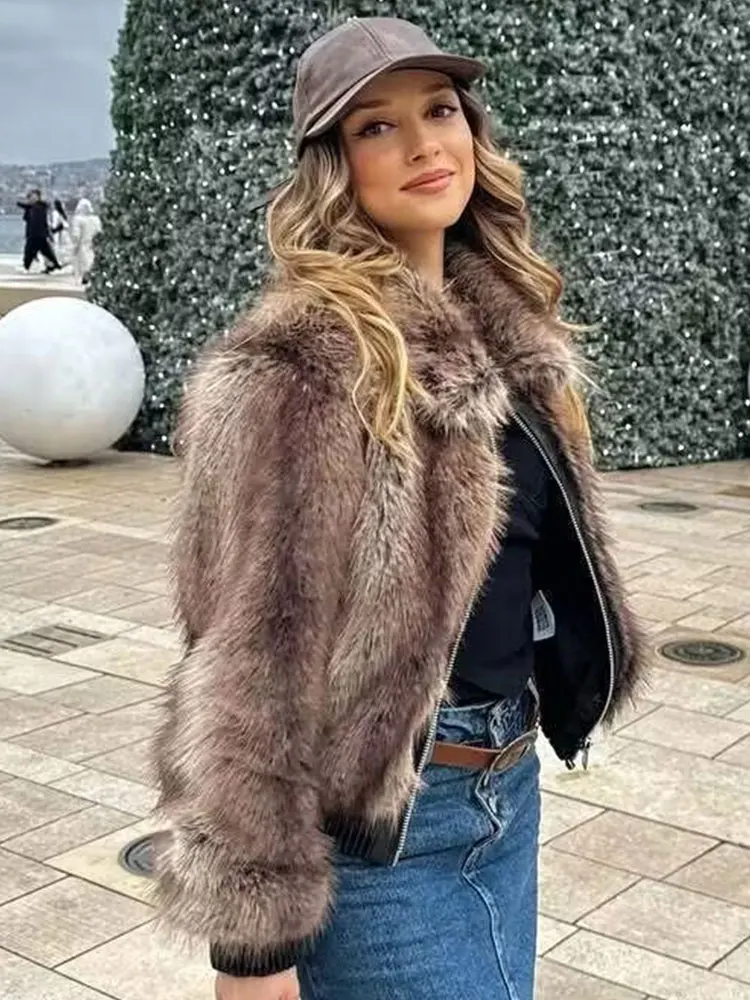 HH Women Fashion Solid Faux Fur Overcoats Jackets Lapel Long Sleeve Zipper Coat With Pockets Woman Winter Thick Warm Outerwear