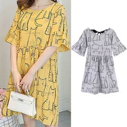 Women Pregnancy Dress Summer Loose Korean Style A-shaped Medium Length Costume Cartoon Cat Pregnancy Clothes Maternity Dresses