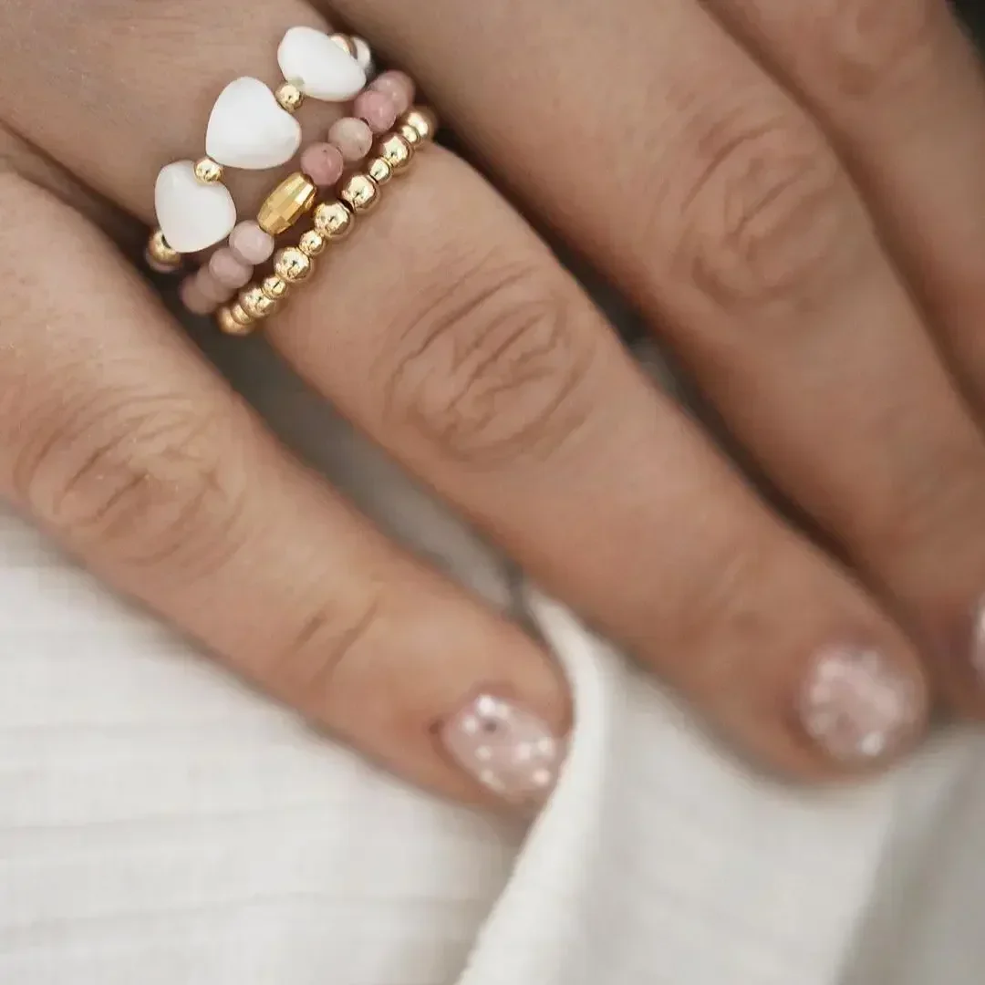 Finger Rings Classic Shell Heart Set Rhodochrosite Natural Stone Stainless Steel Beads For Women Birthday Wedding Girls