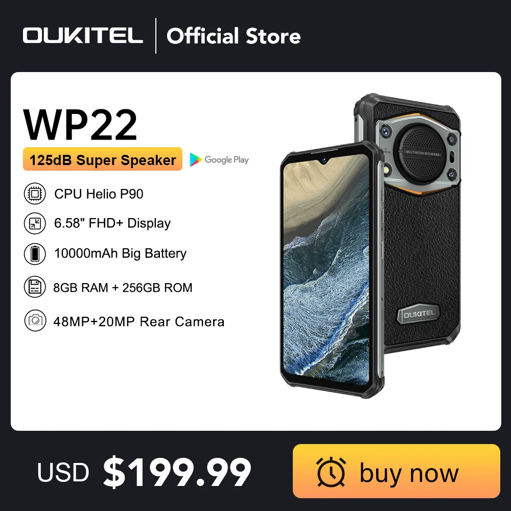 Oukitel WP22 견고한 휴대폰, 6.58 인치 FHD + 10000 mAh 휴대폰, 8GB + 256GB 48MP 스마트폰, Helio P90 휴대폰